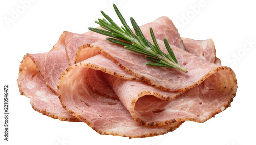 Thinly sliced deli ham with a fresh rosemary sprig, isolated on transparent background