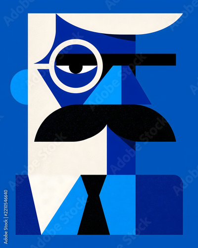 Geometric Male Portrait with Mustache, Glasses and Tie in Blue Abstract Illustration