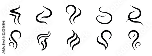Smoke steam icon vector logo set. Black smoke smell, steam aroma heat icon with decorative swirls. Hot vapor fire doodle line logo. Hit stink, coffee, fragrance flame elements. Vector illustration.