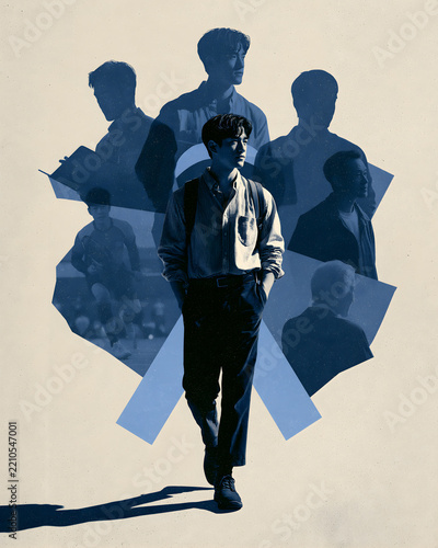 Young Man with Layered Male Silhouettes, Men's Mental Health and Identity Collage