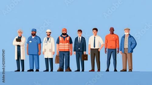 Diverse Men in Different Professions, Male Workforce and Career Diversity Illustration