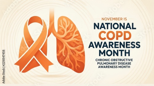 National COPD Awareness Month graphic with orange ribbon and lungs illustration