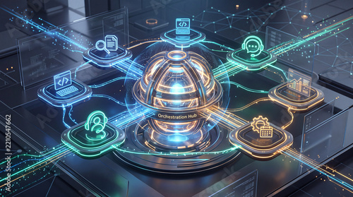 A central technological orchestration hub connects various business functions and digital assets through streams of light and data.