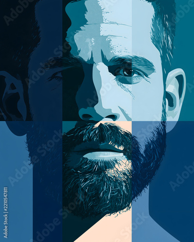 Geometric Bearded Male Portrait in Blue Tones, Abstract Modern Masculinity Illustration