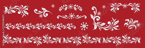 White on red Christmas borders featuring holly, snowflakes, and flourishes. Vector ornaments in a Russian folk style for holiday cards and gift wrapping. Slavic decorative motifs.