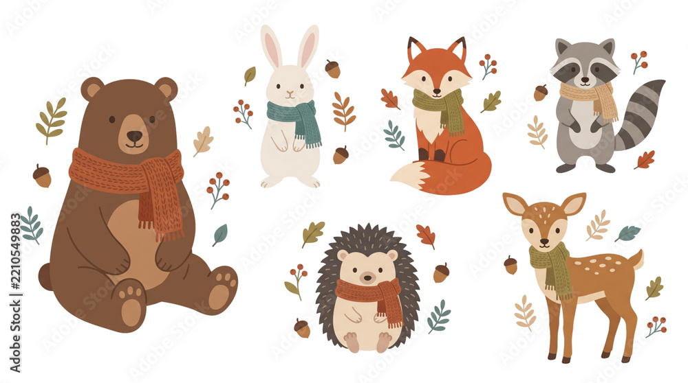 Obraz premium Cute Forest Animals Wearing Scarves Illustration.