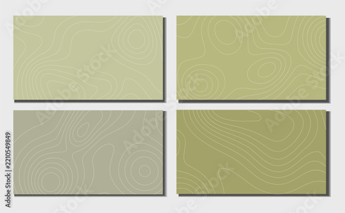 Set of four abstract topographic contour maps in muted sage and olive greens with white elevation lines forming organic terrain patterns, ideal for backgrounds and nature-inspired design.