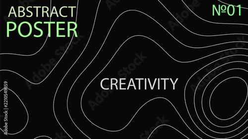 Abstract poster  with white topographic map contour lines on a dark background
