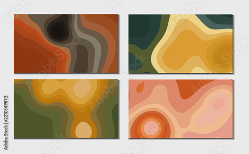 Set of four abstract topographic map style background textures in earthy color palettes (orange, brown, green, beige)