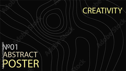Abstract topographic line art poster. Minimalist dark background with wavy contour map pattern. Modern black and gold geometric banner for branding, covers, and fluid layout design.