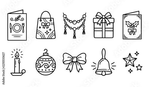 Holiday Celebration Icons Set Gift Bag Menu Beads Vector
