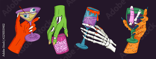 Colorful illustrations set of Halloween with monster hands and drinks. Hand drawn hands holding glasses with various cocktails. Modern pop art design for card, poster, cover, invitation, flyer, banner