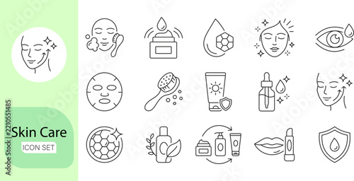 Skin care icon set line art cosmetic face routine beauty health treatment cream moisturizer serum vector illustration.