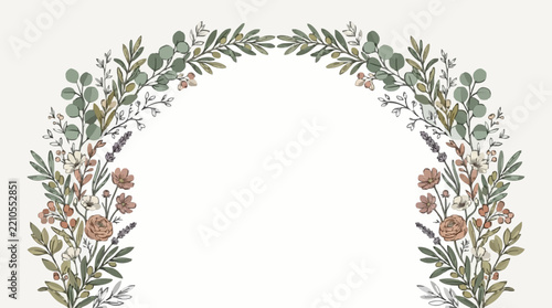 Arch banner with elegant botanical floral frame and green leaves