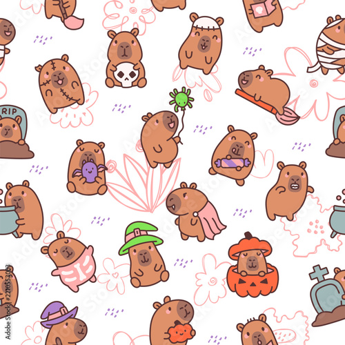 Capybara halloween seamless pattern set featuring flower grave skull broom spider pumpkin witch hat postcard mummy candy cauldron bat costume