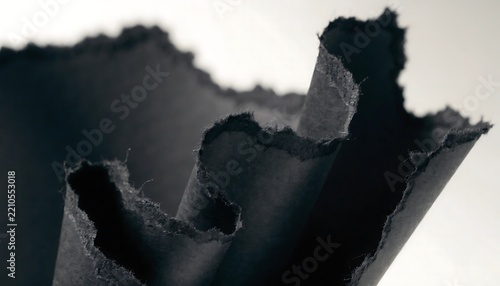 Abstract background featuring a torn piece of black paper with rough edges isolated on a white surface