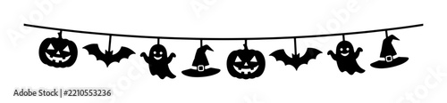 Halloween garland silhouettes set with pumpkins, ghosts, bats and witch hats for decoration, sticker and signage