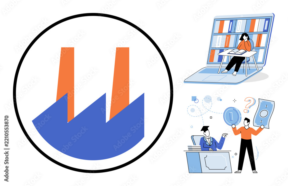 Obraz premium Industrial factory icon and people learning or managing money vector illustration. Education, finance, manufacturing, industry, economy, business growth. Production plant symbol and professional