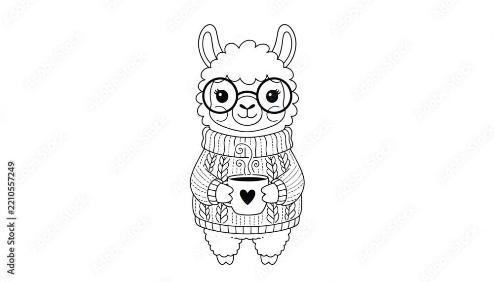Obraz premium Charming black and white line art illustration of a cute fluffy llama wearing glasses and a cozy knitted sweater holding a steaming cup of coffee.