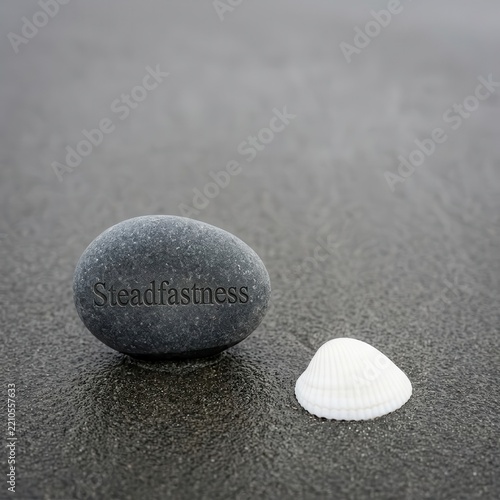Stone with inscription steadfastness rests on wet sand