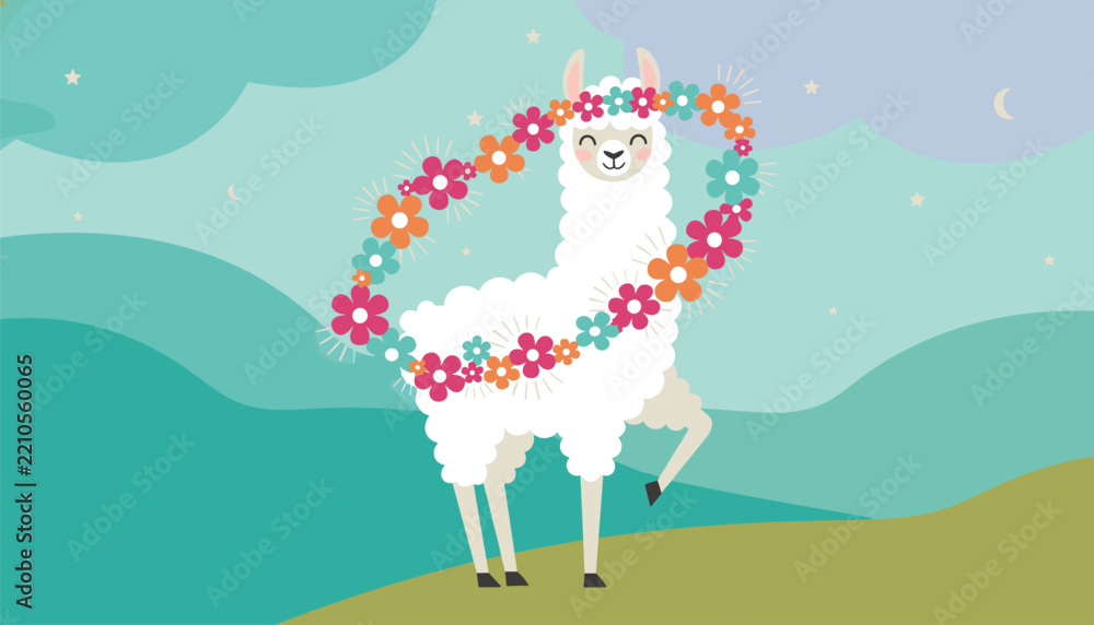 Obraz premium Happy white llama wearing a colorful flower wreath around its neck dancing in a mountainous landscape at night.