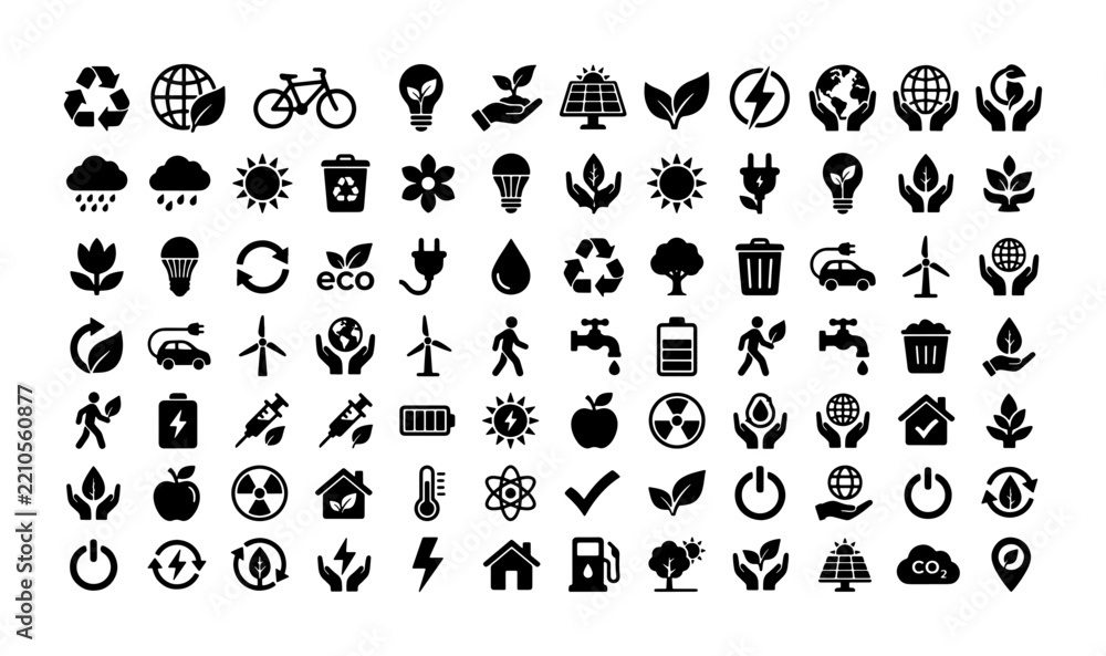 Fototapeta premium Ecology and environment icon set with renewable energy and nature symbols for conservation and sustainability