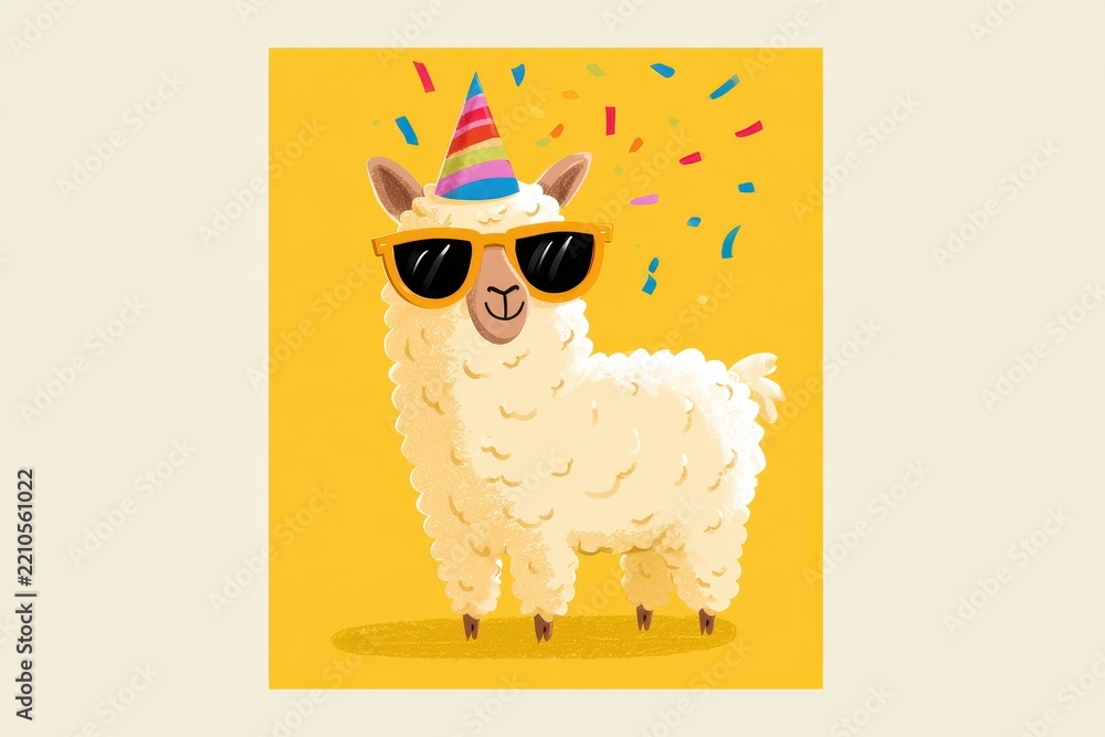 Obraz premium Joyful Alpaca Greeting Card Illustration: Festive Hat, Sunglasses, Confetti