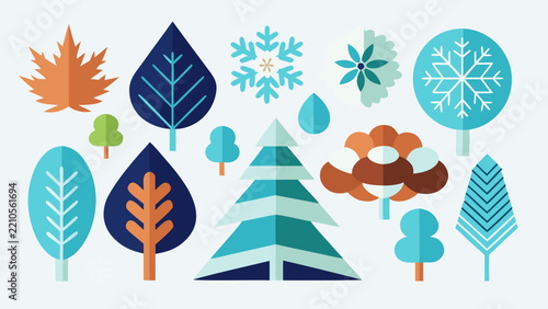 Vector set of winter icons. Snowflakes, trees, pinecones and leaves.vector