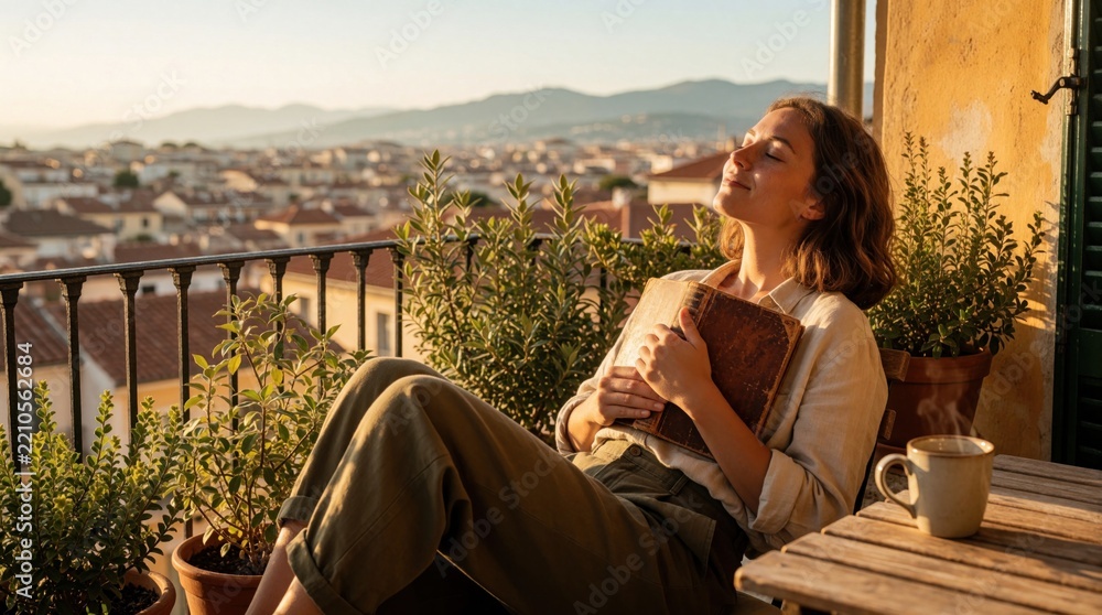 Fototapeta premium Young woman sits on sunny city balcony holding old book. Closes eyes, enjoys peace during golden hour. Coffee mug sits on wooden table near potted plants. Relaxed lady enjoys quiet lifestyle, reading