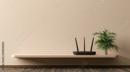 Modern wireless router on a minimalist floating shelf with a potted plant in a contemporary living or office space, clean design and neutral background