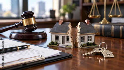 Symbolic representation of house division and legal dispute with gavel scales of justice and keys on a desk symbolizing divorce or property settlement.