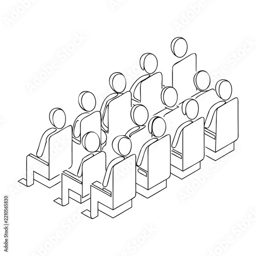 Isometric perspective of audience group sitting in conference rows for business training event.
