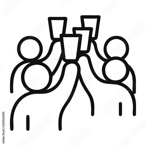 Hand drawn outline icon of people holding glasses high celebrating victory and toast concept.