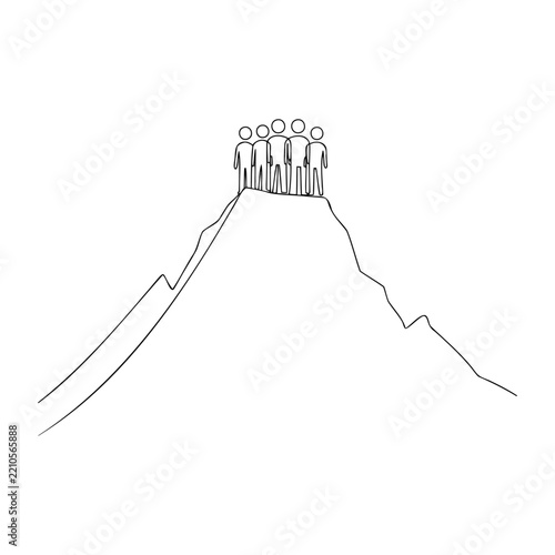Continuous line drawing of team standing together on mountain peak symbolizing achievement.
