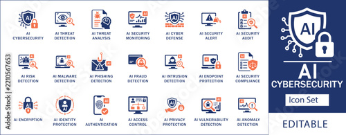 Obraz na plátně AI Cybersecurity icon set featuring threat detection, malware defense, endpoint protection, phishing prevention, anomaly detection, access control and security audit