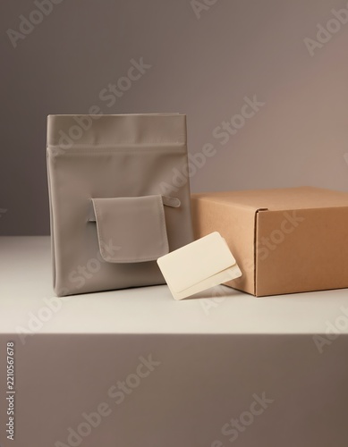 Plain Reusable Parcel Pouch Folded into Its Own Small Pocket Beside an Unbranded Package, Sustainable Shipping Concept