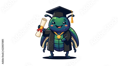 Happy cartoon beetle in graduation cap and gown holding diploma, celebrating achievement