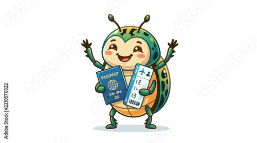 Happy cartoon beetle holds passport and boarding pass, ready for travel