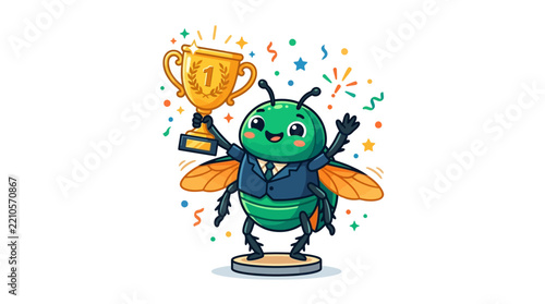 Happy cartoon beetle in suit holding trophy, confetti celebration