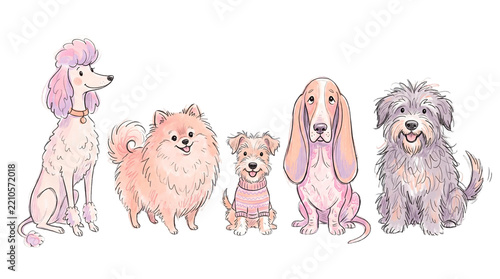 Watercolor Collection of Adorable Dog Breeds Sitting Together.