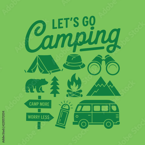 Let's Go Camping Outdoor Adventure Vector Set - Vintage Camper Van, Tent, Campfire, Bear, Binoculars, and Mountain Icons