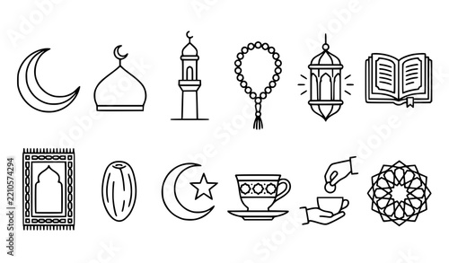 Islamic Ramadan Kareem Thin Line Icon Set Vector Illustration