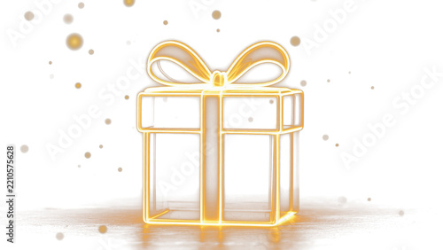 Glowing golden gift box with a bow isolated on transparent background.