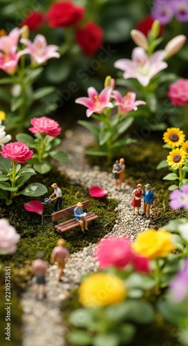 Tilt-shift macro photography of a colorful miniature flower garden with tiny people figures