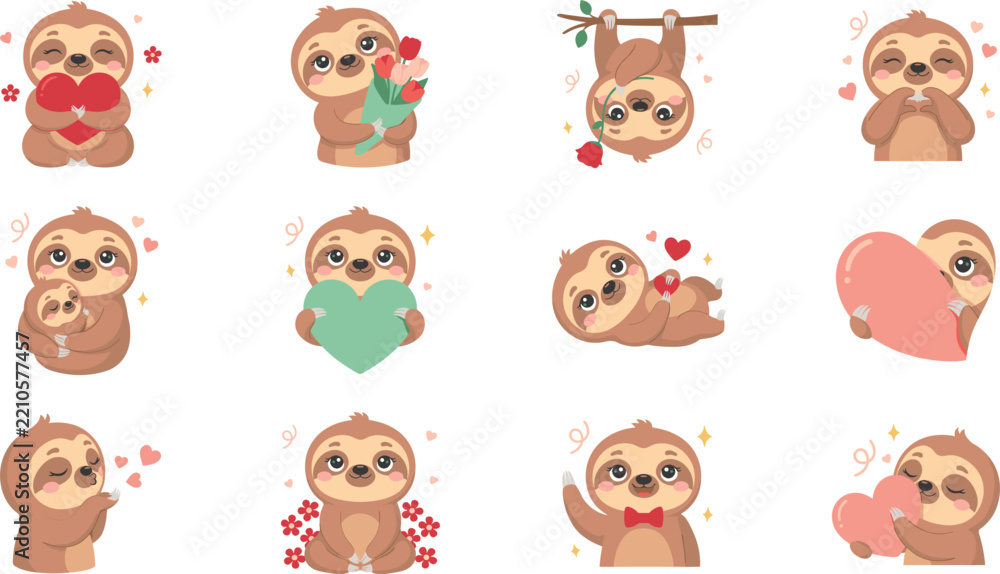 Fototapeta premium Cute Sloth Character Vector Set Featuring Cartoon Sloths Holding Hearts Flowers and Baby for Valentines Day Wedding and Love Theme Graphic Designs