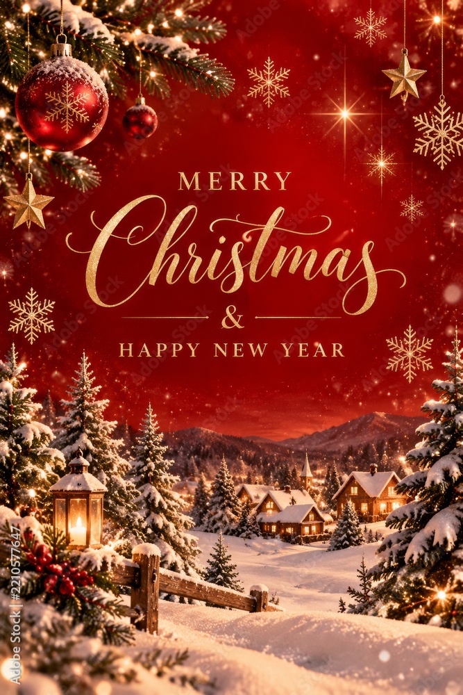 Obraz premium Winter Scene With Christmas and New Year Wishes on Red Background