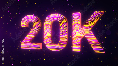 Large perspective view of a futuristic 3D 20K number featuring vibrant purple, yellow, and magenta flowing lines, luminous edges, and glowing particles against a dark cosmic background.