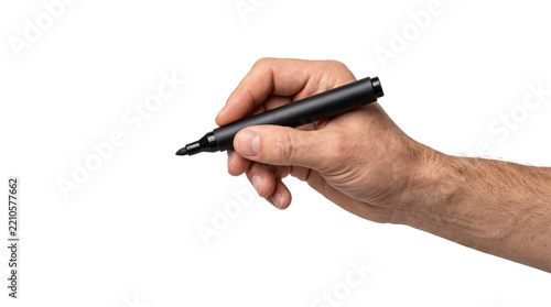 Man's hand gripping black marker pen for on isolated background