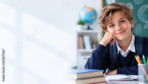Student Sitting at a Desk With Books and Stationary in a Classroom