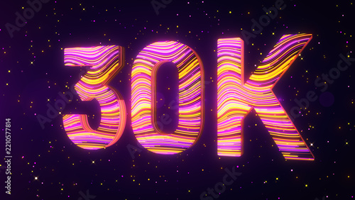 Large perspective view of a futuristic 3D 30K number featuring vibrant purple, yellow, and magenta flowing lines, luminous edges, and glowing particles against a dark cosmic background.